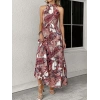 Kadın Halter Yakalı Omuzlardan Açık Kuşaklı Maksi Boy Desenli Süprem Elbise