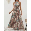 Kadın Halter Yakalı Omuzlardan Açık Kuşaklı Maksi Boy Desenli Süprem Elbise
