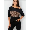 Kadın Kadife Kumaş Leopar Desenli Omuz Detay Uzun Kollu Bluz