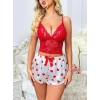 Kadın Kırmızı Kalp Desenli Şort Askılı Dantel Üst Pijama Takımı 2218