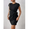 Kadın Kısa Kap Kollu Bisiklet Yaka Belden Bağlamalı Modal Mini Elbise