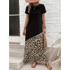 Kadın Kısa Kollu Bisiklet Yaka Leopar Detaylı Midi üst Viskon Alt Süprem Elbise