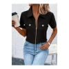 Kadın Kısa Kollu Ceket Yaka önü Fermuarlı Cep Detay Kısa Kol Ithal Krep Bluz