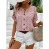 Kadın Kısa Kollu çentikli V Yaka Ve Düğme Detaylı çiçek Desenli Süprem Bluz