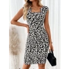 Kadın Kısa Kollu Kare Yakalı Leopar Desenli Dalgıç Elbise
