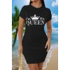 Kadın Kısa Kollu Queen Baskı Iki Iplik Mini Elbise