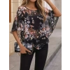Kadın Kısa Kollu Yuvarlak Yaka çiçek Baskılı Asimetrik Kesim şifon Bluz