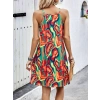 Kadın Kolsuz Yuvarlak Yaka önden çapraz şerit Detay çok Renkli Baskılı Süprem Kısa Elbise