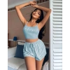 Kadın Mavi Çizgili Desenli Askılı Şortlu Pijama Takım 5001