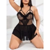 Kadın Nakışlı Siyah Gotik İp Askılı Büyük Beden Tüllü Transparan Fantezi Gecelik 8007