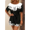 Kadın Tek Omuzu Açık çiçek Desenli Beli Kuşaklı Iki Iplik Mini Short Tulum