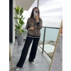 Kadın Uzun Kollu Bisiklet Yaka Leopar Desenli Iki Iplik Bluz Ve Viskon Iki Iplik Pantolon Ikili Takım
