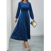Kadın Uzun Kollu Bisiklet Yaka Midi Kadife Mavi Elbise