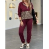 Kadın Uzun Kollu Kapşonlu Leopar Desen Detaylı Viskon Iki Iplik Bluz Ve Pantolon Ikili Takım