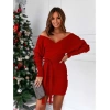 Kadın Uzun Kollu Kruvaze Yaka Bağcık Detay Akrilik Mini Boy Elbise