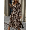 Kadın Uzun Kollu Kruvaze Yaka Belden Oturtmalı Midi Modal Leopar Desenli Elbise
