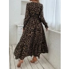 Kadın Uzun Kollu Kruvaze Yaka Leopar Desenli Uzun Süprem Elbise