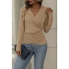 Kadın Uzun Kollu Kruvaze Yaka Yanlardan Büzgülü Viskon Bluz