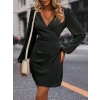 Kadın Uzun Kollu Kruvaze Yakalı Yanlardan Büzgü Detaylı Ithal Krep Kısa Elbise