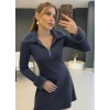 Kadın Uzun Kollu Kürk Yakalı Fermuarlı Mini Viskon Iki Iplik Elbise