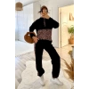 Kadın Uzun Kollu Leopar Detay Sweat Ve Yanı Leopar şerit Detay Pantolon Ikili Takım