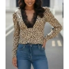 Kadın Uzun Kollu önden Derin Dantel Yaka Leopar Desenli Dalgıç Bluz