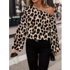 Kadın Uzun Kollu Tek Omuzu Açık Tokalı Leopar Desenli Modal Bluz