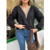 Kadın Uzun Kollu V Dantel Yaka şardonsuz üç Iplik Bluz