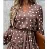 Kadın Uzun Kollu V Yakalı Belden Kuşaklı Puantiyeli Mini Modal Elbise