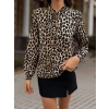 Kadın Uzun Kollu Yakadan Bağcıklı Leopar Desenli Süprem Bluz