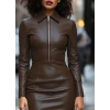 Kadın Uzun Kollu Yakalı Fermuarlı Mini Deri Elbise