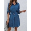 Kadın Uzun Kollu Yakalı önden Düğmeli Beli Kuşaklı Mini Ithal Keten Elbise