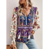 Kadın Uzun Kollu Yakası Açık Bağcıklı çiçek Desenli Salaş Bluz