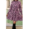 Kadın Uzun Kollu Yarı Balıkçı Yaka Leopar Desenli Modal Mini Elbise