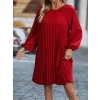Kadın Uzun Kollu Yuvarlak Yaka Pileli Salaş Mini Ithal Krep Elbise