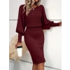 Kadın Uzun Yarasa Kollu Yakası Açık Belden Oturtmalı Kısa Triko Elbise