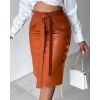 Kadın Yüksek Bel Kuşaklı Yanlardan Düğmeli Mini Deri Etek