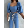 KETEN CROP KARPUZ KOL BLUZ-PANTOLON HASIR KEMERLİ - Mavi