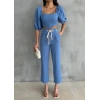 KETEN CROP KARPUZ KOL BLUZ-PANTOLON HASIR KEMERLİ - Mavi