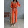 KETEN CROP KARPUZ KOL BLUZ-PANTOLON HASIR KEMERLİ - Orange