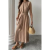 KETEN ELBİSE KOLSUZ BEL BAĞLAMALI MAXİ ELBİSE - Kahverengi