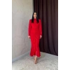 Kırmızı Önü Büzgülü Şifon Elbise