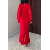 Kırmızı Önü Büzgülü Şifon Elbise