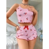 Kadın Pembe Kiraz Desenli Askılı Şortlu Pijama Takım 5044