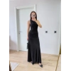 Kolsuz Büzgülü Uzun Elbise - Siyah