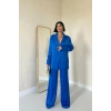 Mavi Saten Ceket Ve Pantolon Takım
