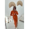 Oranj Boydan Düğmeli Deri Elbise