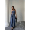 TENCEL CROP ASKILI BLUZ - ŞALVAR PANTOLON TK - İndigo