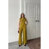 TENCEL MODAL KOLSUZ BLUZ KAPALI CEP DETAYLI DÖKÜMLÜ - PANTOLON TAKIM - Yağ Yeşili