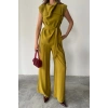 TENCEL MODAL KOLSUZ BLUZ KAPALI CEP DETAYLI DÖKÜMLÜ - PANTOLON TAKIM - Yağ Yeşili
